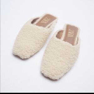 ZARA Square Toe Faux Shearling Flat Mules sz 9